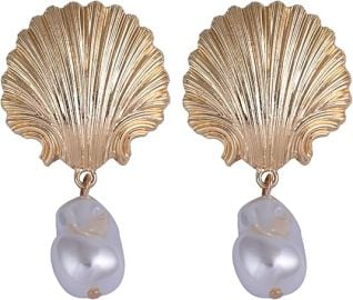 Eioi & Lmnm Women's Chunky Gold Shell Baroque Pearl Large Dangle Earrings at Amazon