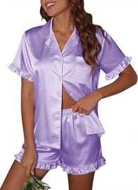 Ekouaer Satin Pajama Set for Women Button Down Silk 2 Piece Pj Sets Ruffle Short Sleeve Sleepwear at Amazon