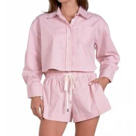 Elan Tops New Elan Button Down Shirt In Melon Stripe Poshmark at Poshmark