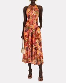 Elara Tiered Floral Silk Midi Dress at Intermix