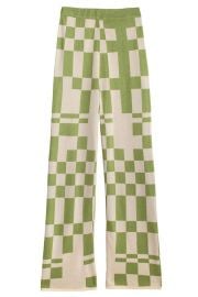 Elastic high waisted straight leg knitted trousers with irregular check jacquard by at Paloma Wool