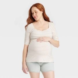 Elbow Sleeve V-neck Smocked Maternity Shirt - Isabel Maternity By Ingrid amp Isabel White Striped L Target at Target