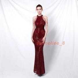 Elegant Womens Banquet Long Neck Hanging Sequined Fish Tail Evening Gown Dress at eBay