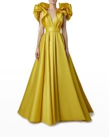 Elie Saab Plunging Ruffle-Shoulder Taffeta Gown at Neiman Marcus