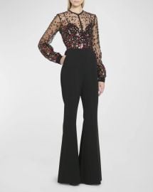 Elie Saab Sequin Embroidered Long Sleeve Flare Leg Jumpsuit at Neiman Marcus