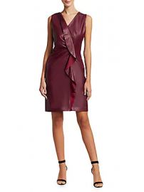 Elie Tahari - Marsala Leather Ruffle Front Shift Dress at Saks Off 5th