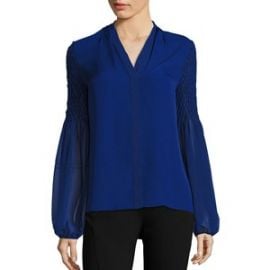 Elie Tahari - Smocked Georgette Silk Blouse blue at Saks Fifth Avenue