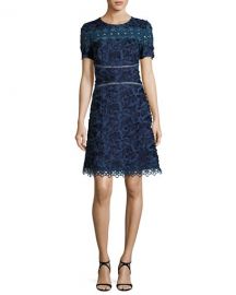 Elie Tahari Adina Short Sleeve Floral Applique and Lace Dress at Neiman Marcus