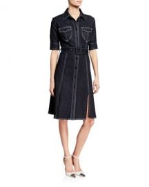 Elie Tahari Aurora Button-Front Elbow-Sleeve Belted Denim Dress at Neiman Marcus