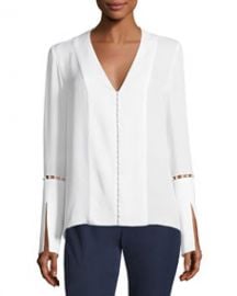 Elie Tahari Deb Long-Sleeve Pearly-Trim Silk Chiffon Blouse at Bergdorf Goodman