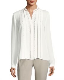 Elie Tahari Fontaine Long-Sleeve Pleated Beaded Blouse at Neiman Marcus