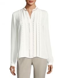 Elie Tahari Fontaine Long-Sleeve Pleated Beaded Blouse at Neiman Marcus