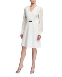 Elie Tahari Hale V-Neck Long-Sleeve Belted Dress at Neiman Marcus