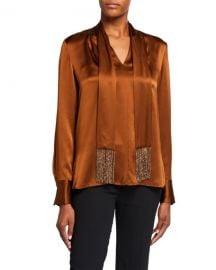 Elie Tahari Kendal Long-Sleeve Silk Blouse w  Beaded Fringe Scarf at Neiman Marcus