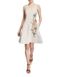 Elie Tahari Londa V-Neck Sleeveless Fit-and-Flare Linen Dress at Neiman Marcus