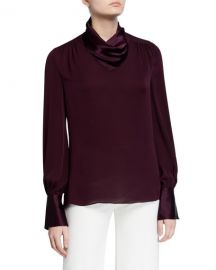 Elie Tahari Nathalie Mock-Neck Long-Sleeve Silk Satin  amp  Chiffon Blouse at Neiman Marcus