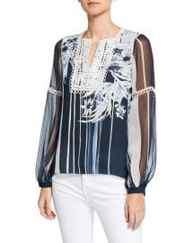 Elie Tahari Naydean Striped Floral-Print Long-Sleeve Blouse at Neiman Marcus