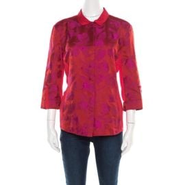 Elie Tahari Red and Purple Floral Jacquard Jersey Shirt M Elie Tahari The Luxury Closet at The Luxury Closet