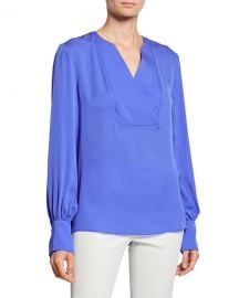 Elie Tahari Reva V-Neck Blouson-Sleeve Silk Blouse at Neiman Marcus