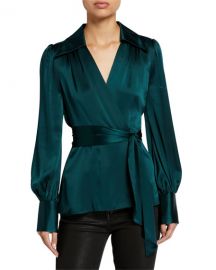 Elie Tahari Shay Long-Sleeve Silk Satin Wrap Blouse at Neiman Marcus