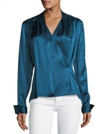 Elie Tahari Shelly Long-Sleeve Surplice Silk Satin Blouse at Neiman Marcus