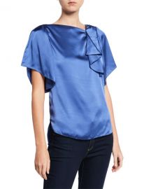 Elie Tahari Tamra High-Neck Short-Sleeve Silk Satin Blouse at Neiman Marcus