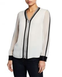 Elie Tahari Vallie Zip-Front Long-Sleeve Blouse with Contrast Trim  amp  Cuffs at Neiman Marcus