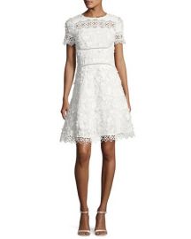 Elie Tahari Adina Short Sleeve Floral Applique and Lace Dress at Neiman Marcus