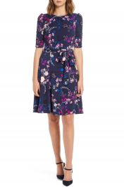 Eliza J Floral Print Ruched Sleeve Fit  amp  Flare Dress  Regular  amp  Petite    Nordstrom at Nordstrom