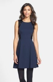 Eliza J Leather Panel Ponte Knit Skater Dress at Nordstrom