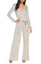 Eliza J Sequin Wrap Front Long Sleeve Jumpsuit at Nordstrom