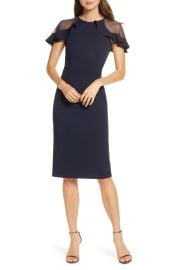 Eliza J Sheer Ruffle Shoulder Cocktail Dress in Navy  at Nordstrom