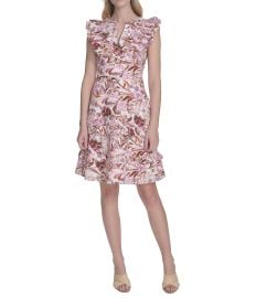 Eliza J Split V Neck Ruffle Trim Printed Poplin Shift Dress Dillardx27s at Dillards