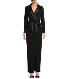 Eliza J Tuxedo Wrap Surplice V-Neck Scuba Crepe Tie Waist Long Sleeve Front Slit Gown Dillardx27s at Dillards