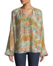 Elizabeth  James Chance Ruched-Neck Long-Sleeve Printed Silk Blouse at Neiman Marcus