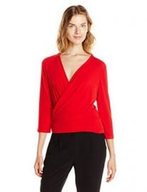 Ellen Tracy Womenand39s 34 Sleeve Wrap Top Solid Vermillion X-Small at Amazon