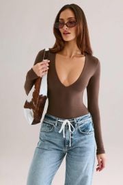 Elodie Modal Plunge Long-Sleeve Bodysuit in Chocolate Brown at Oh Polly