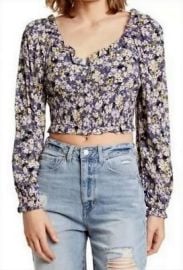 Elodie Womenaposs Long Sleeve Ruffle Neckline Crop Top Navy Floral Size XS S M L eBay at eBay