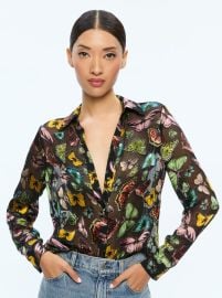 Eloise Button Down In Boundless Butterfly Black Alice Olivia at Alice + Olivia