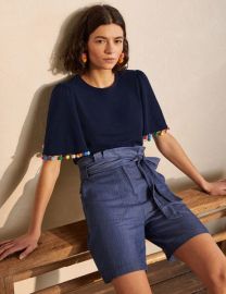 Eloise Pom Trim Jersey Top - Navy   US at Boden