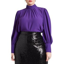 Eloquii Plus Size Shirred Mock Neck Blouse in Deep Purple at Walmart