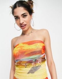 Elsie Fred ruched mesh lettuce hem bandeau crop top in western print - part of a set at ASOS