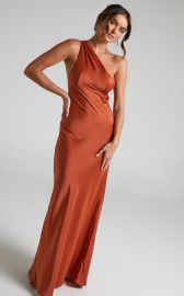 Elzales One Shoulder Beaded Strap Satin Maxi Dress in Rust Showpo USA at Showpo