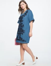 Embroidered A Line Denim Dress at Eloquii