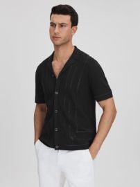 Embroidered Cuban Collar Shirt in Black REISS USA at Reiss