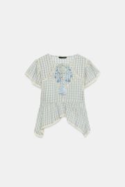 Embroidered Plaid Top With Lace Inserts at Zara