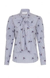 Embroidered Stripe Pussy Bow Top at Pearl NYC