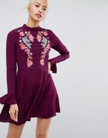 Embroidered Trumpet Sleeve Mini Dress at ASOS