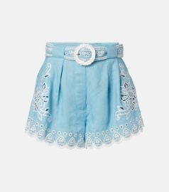 Embroidered belted linen shorts in blue - Farm Rio at Mytheresa