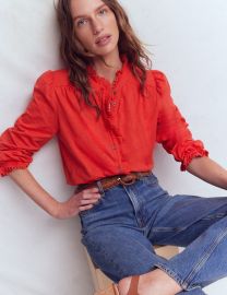 Emily Pom Trim Ruffle Shirt-Blood Orange Boden USA at Boden